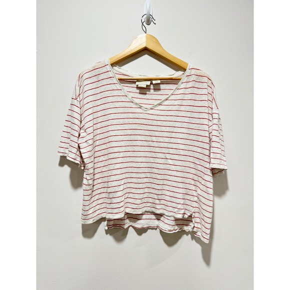 Cynthia Rowley Tops - Cynthia Rowley 100% Linen Striped V-Neck T-Shirt Red White Boxy Crop Top Medium
